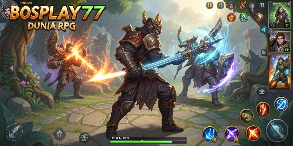 Screenshot gameplay BOSPLAY77 menunjukkan pertarungan epik dan dunia luas.