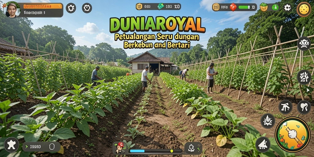 Tangkapan layar gameplay DUNIAROYAL menampilkan ladang yang indah dan aktivitas bertani.