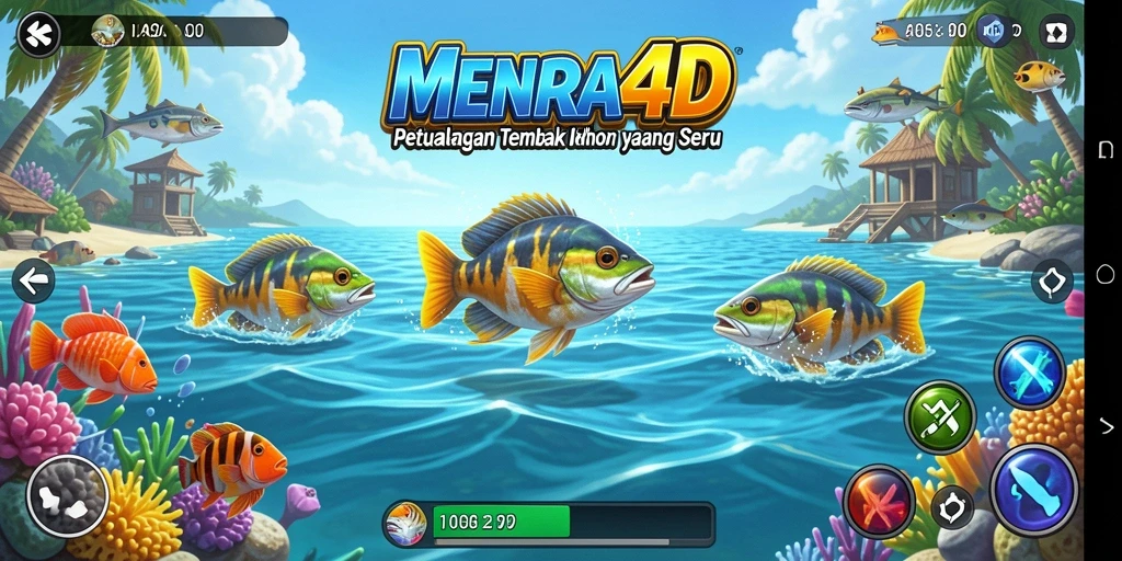 Screenshot MENARA4D yang menunjukkan aksi seru dalam menembak ikan.